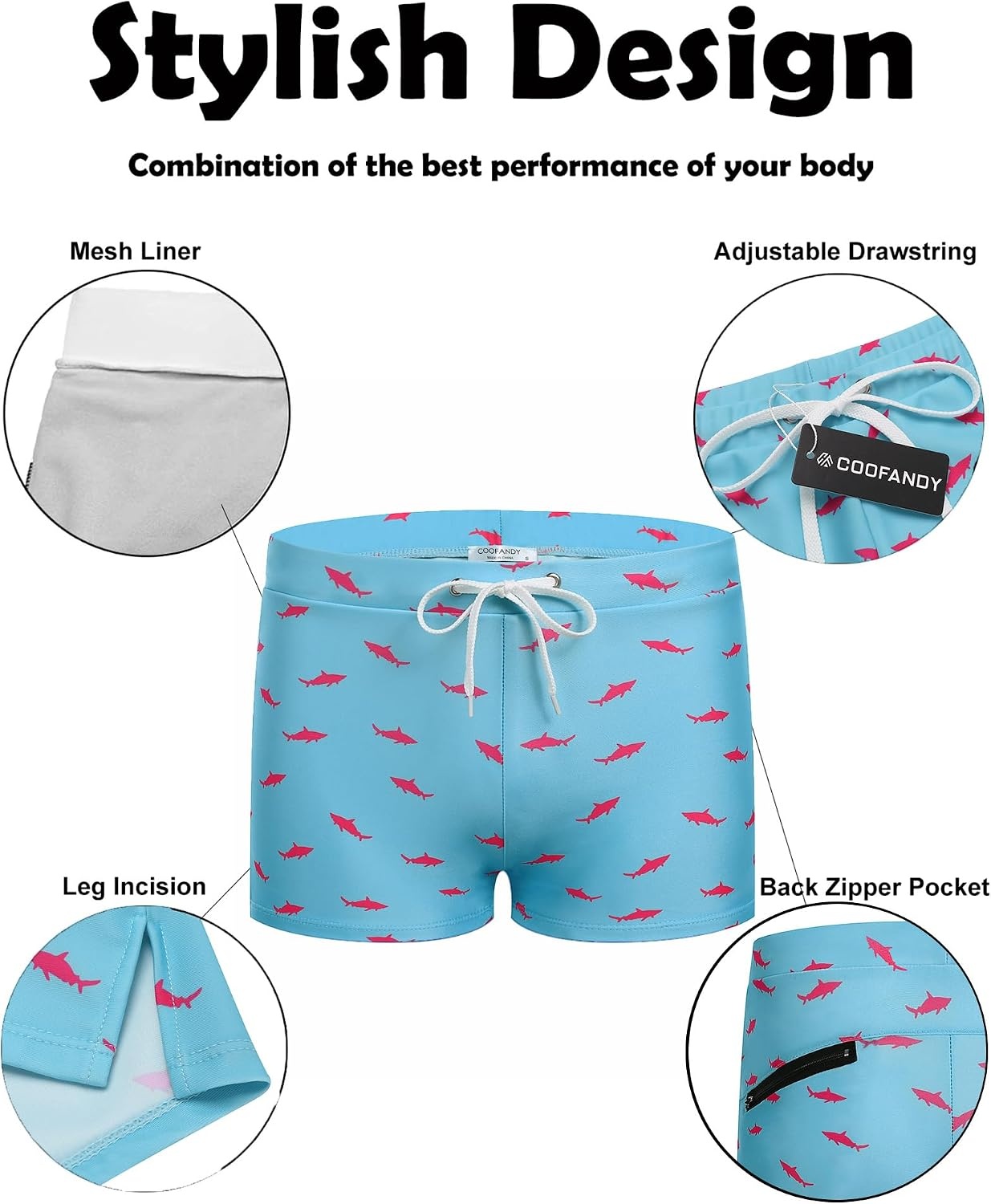 image:imageCOOFANDY Mens Square Leg Swim Briefs Tight Swim Trunks Swimsuit Athletic Bathing Suit Swimwear with LinerZ Blue Shark