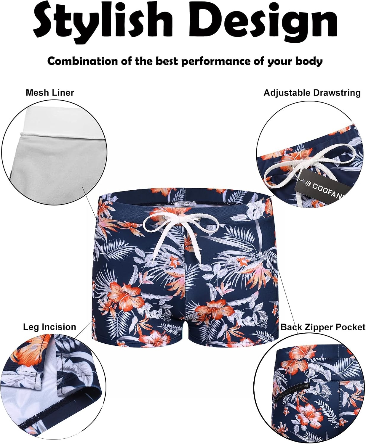 image:imageCOOFANDY Mens Square Leg Swim Briefs Tight Swim Trunks Swimsuit Athletic Bathing Suit Swimwear with LinerZ Navy Blue Flowers