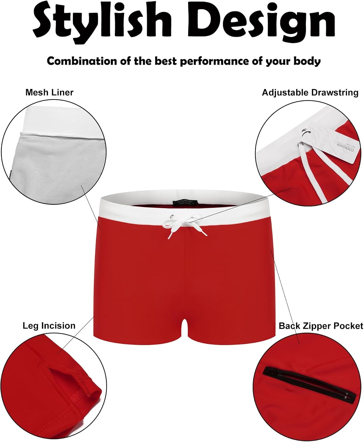 image:imageCOOFANDY Mens Square Leg Swim Briefs Tight Swim Trunks Swimsuit Athletic Bathing Suit Swimwear with LinerZ Ponceau