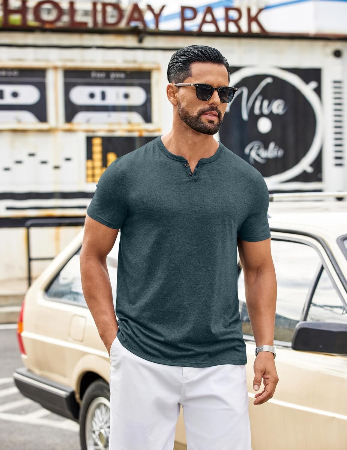 image:imageCOOFANDY Mens T Shirts Short Sleeve Casual V Neck TShirt Soft Notch Neck Tee Classic Plain ShirtsLake Green