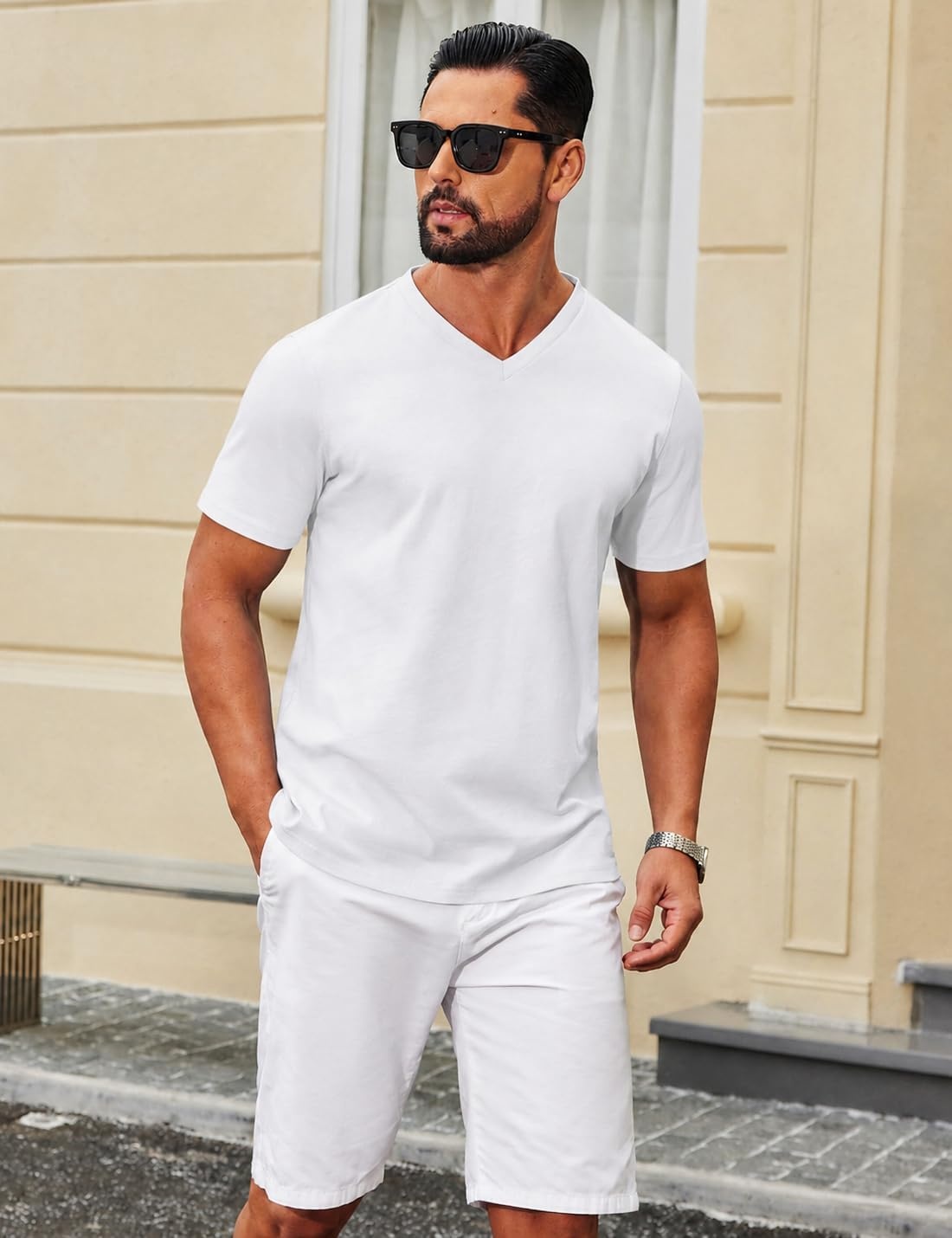 image:imageCOOFANDY Mens V Neck T Shirts Short Sleeve Plain Casual Cotton Basic Pullover TeesWhite