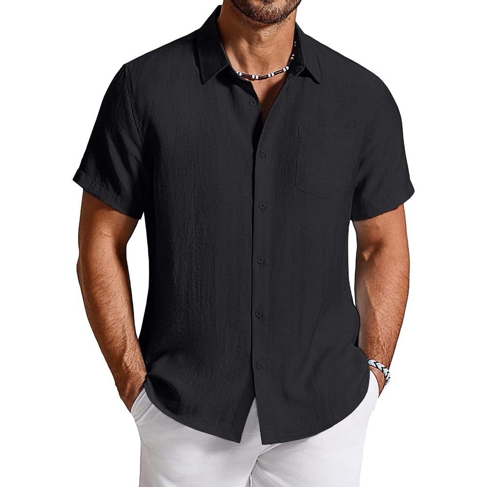 image:imageCOOFANDY Linen Shirts for Men Short Sleeve Button Down Shirt Casual Beach Summer Vacation Shirt with PocketBlack