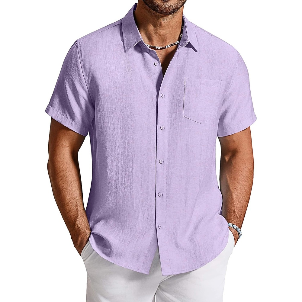 image:imageCOOFANDY Linen Shirts for Men Short Sleeve Button Down Shirt Casual Beach Summer Vacation Shirt with PocketLavender