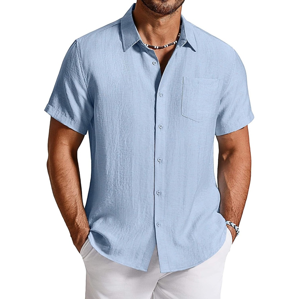 image:imageCOOFANDY Linen Shirts for Men Short Sleeve Button Down Shirt Casual Beach Summer Vacation Shirt with PocketLight Blue