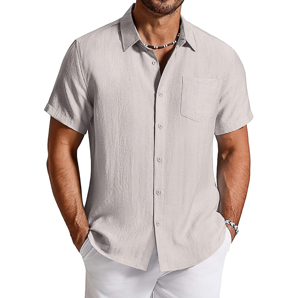 image:imageCOOFANDY Linen Shirts for Men Short Sleeve Button Down Shirt Casual Beach Summer Vacation Shirt with PocketLight Gray