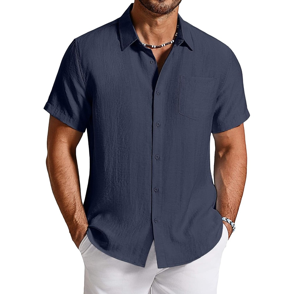 image:imageCOOFANDY Linen Shirts for Men Short Sleeve Button Down Shirt Casual Beach Summer Vacation Shirt with PocketNavy Blue