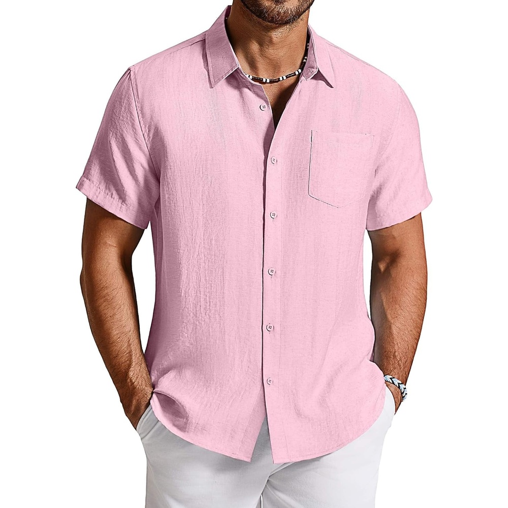 image:imageCOOFANDY Linen Shirts for Men Short Sleeve Button Down Shirt Casual Beach Summer Vacation Shirt with PocketPink