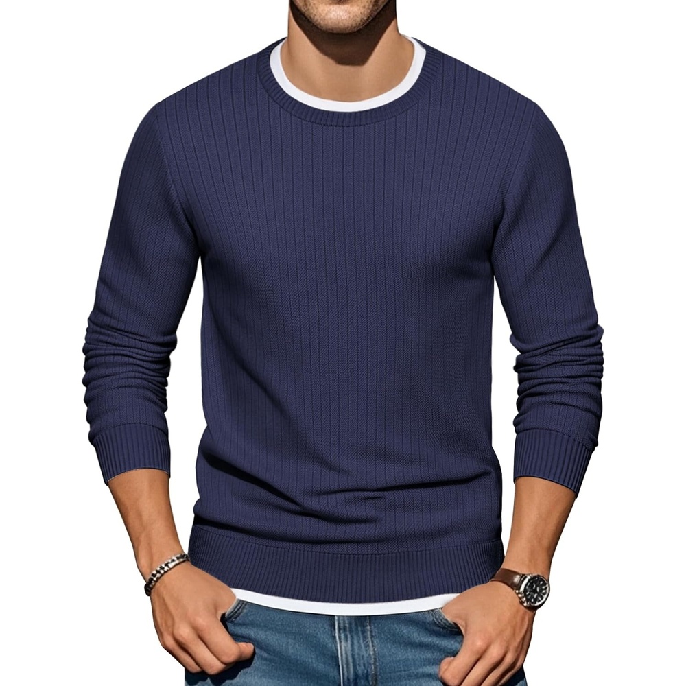 image:imageCOOFANDY Men Crew Neck Knit Sweaters Lightweight Knitted Sweaters Long Sleeve Pullover Sweater Casual Dress SweaterDark Blue