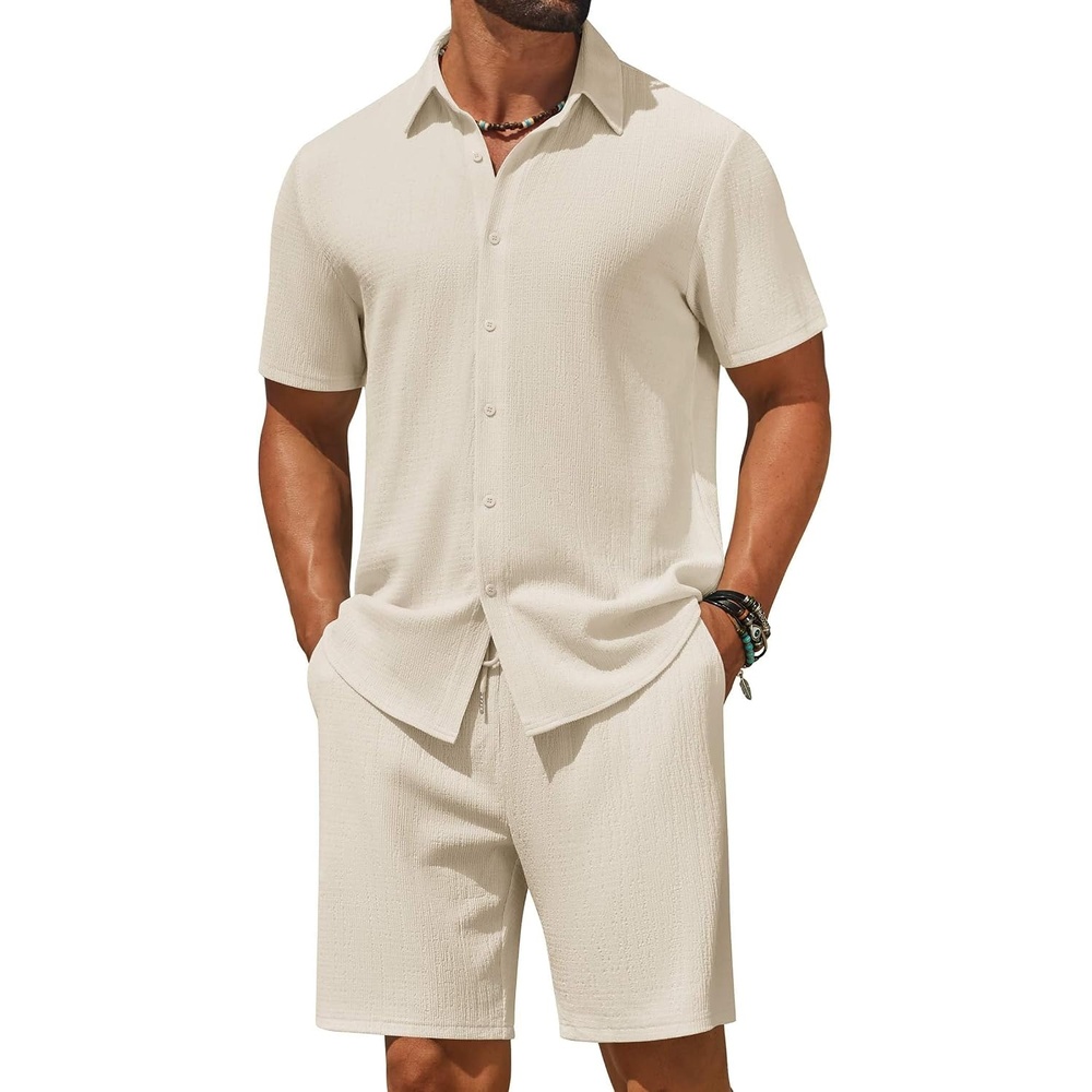 image:imageCOOFANDY Mens 2 Piece Outfit Casual Short Sleeve Button Down Shirt and Beach Shorts Set Summer Vacation Outfits for MenBeige
