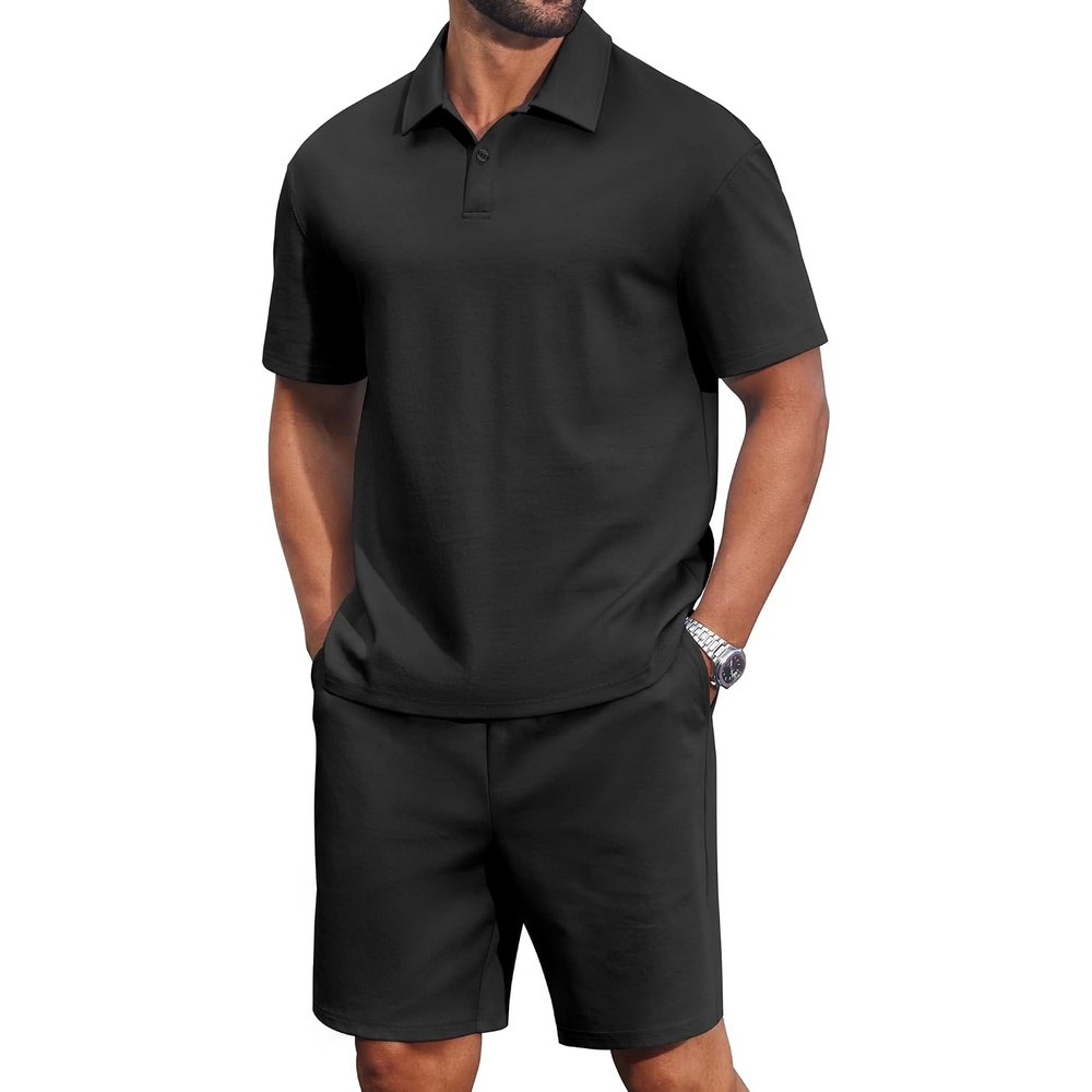 image:imageCOOFANDY Mens 2 Piece Outfits Casual Cotton Short Sleeve Polo Shirts and Shorts Sets Loose Fit Summer Athletic Track SuitsAll Black
