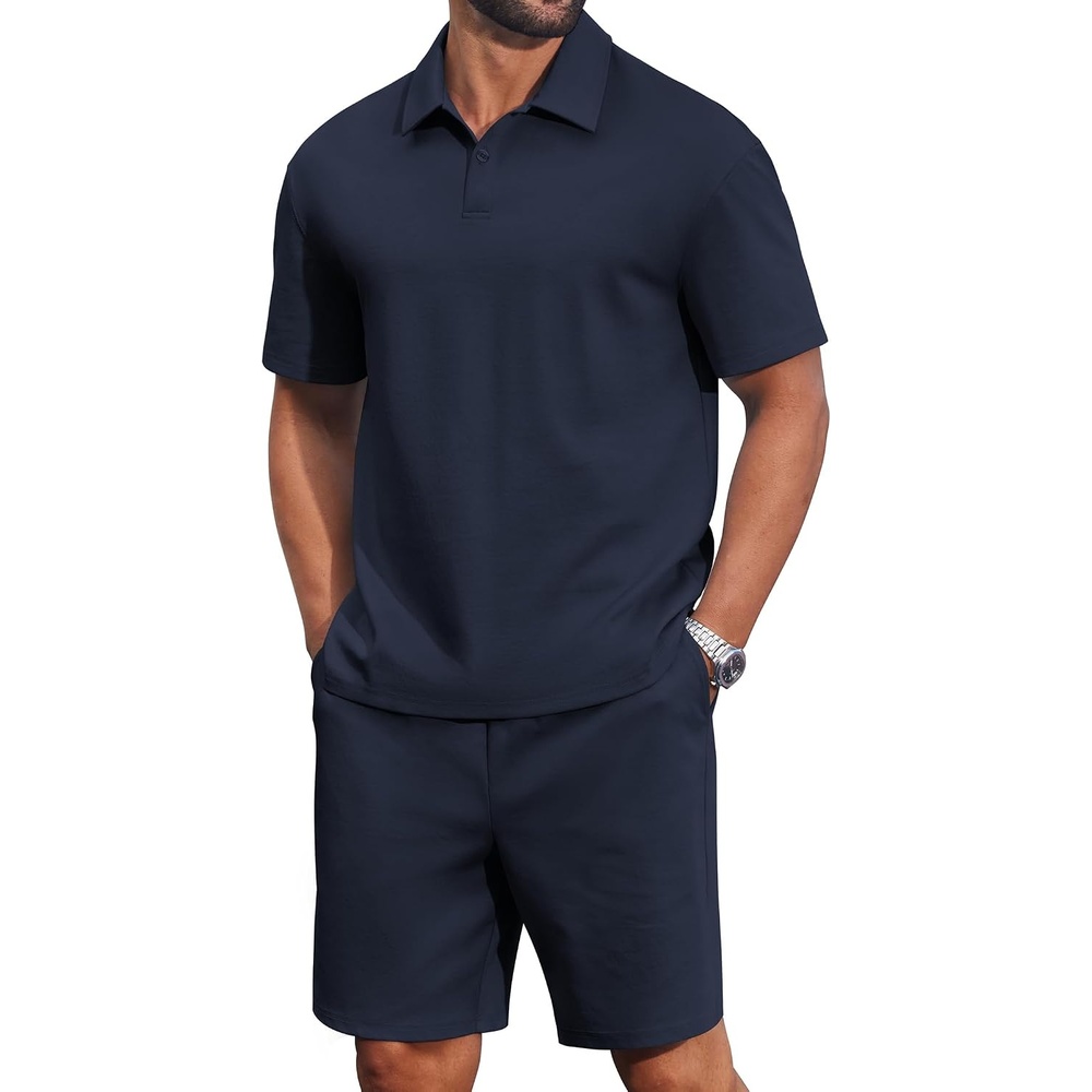 image:imageCOOFANDY Mens 2 Piece Outfits Casual Cotton Short Sleeve Polo Shirts and Shorts Sets Loose Fit Summer Athletic Track SuitsDark Blue