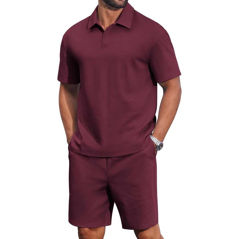 image:imageCOOFANDY Mens 2 Piece Outfits Casual Cotton Short Sleeve Polo Shirts and Shorts Sets Loose Fit Summer Athletic Track SuitsWine Red