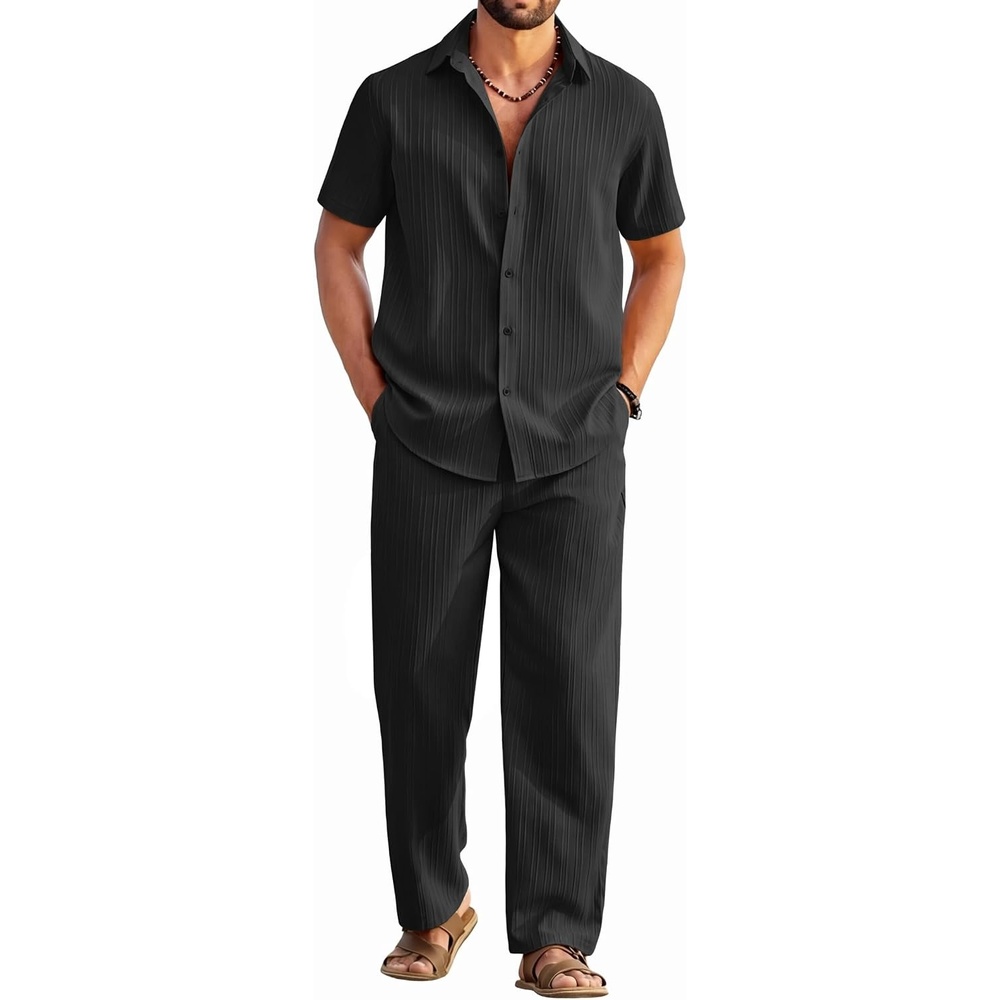 image:imageCOOFANDY Mens 2 Piece Outfits Casual Summer Beach Textured Button Down Shirt Loose Pants SetBlack