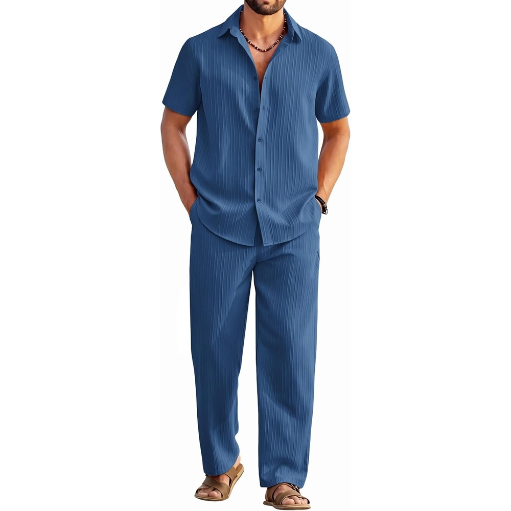 image:imageCOOFANDY Mens 2 Piece Outfits Casual Summer Beach Textured Button Down Shirt Loose Pants SetBlue