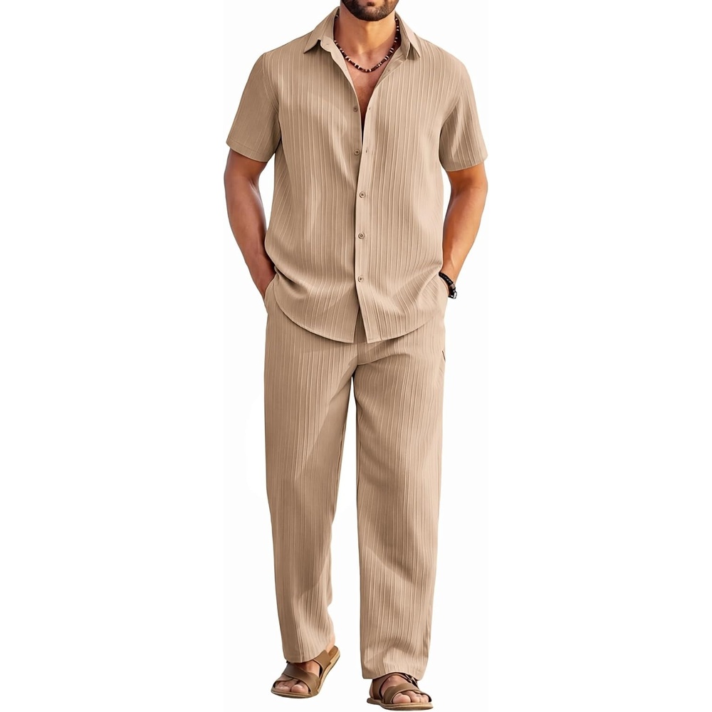 image:imageCOOFANDY Mens 2 Piece Outfits Casual Summer Beach Textured Button Down Shirt Loose Pants SetKhaki