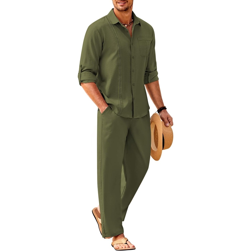 image:imageCOOFANDY Mens 2 Piece Outfits Long Sleeve Button Down Cuban Shirt and Pants Set Summer Beach SetsArmy Green