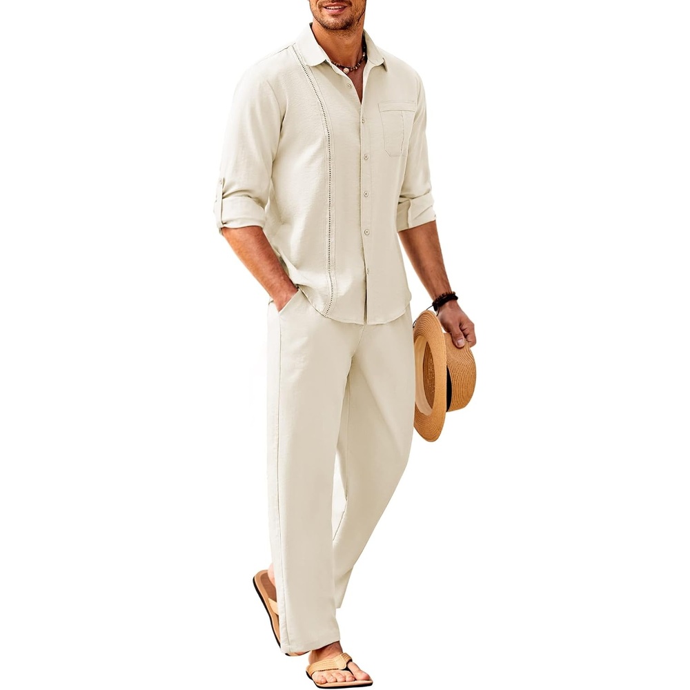 image:imageCOOFANDY Mens 2 Piece Outfits Long Sleeve Button Down Cuban Shirt and Pants Set Summer Beach SetsBeige