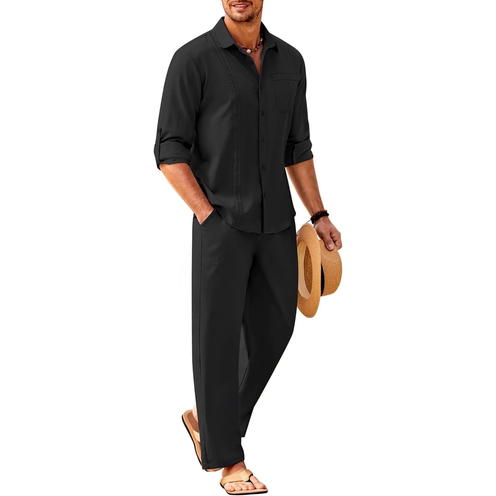 image:imageCOOFANDY Mens 2 Piece Outfits Long Sleeve Button Down Cuban Shirt and Pants Set Summer Beach SetsBlack