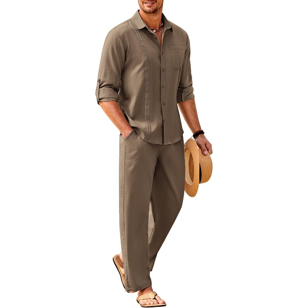 image:imageCOOFANDY Mens 2 Piece Outfits Long Sleeve Button Down Cuban Shirt and Pants Set Summer Beach SetsBrown
