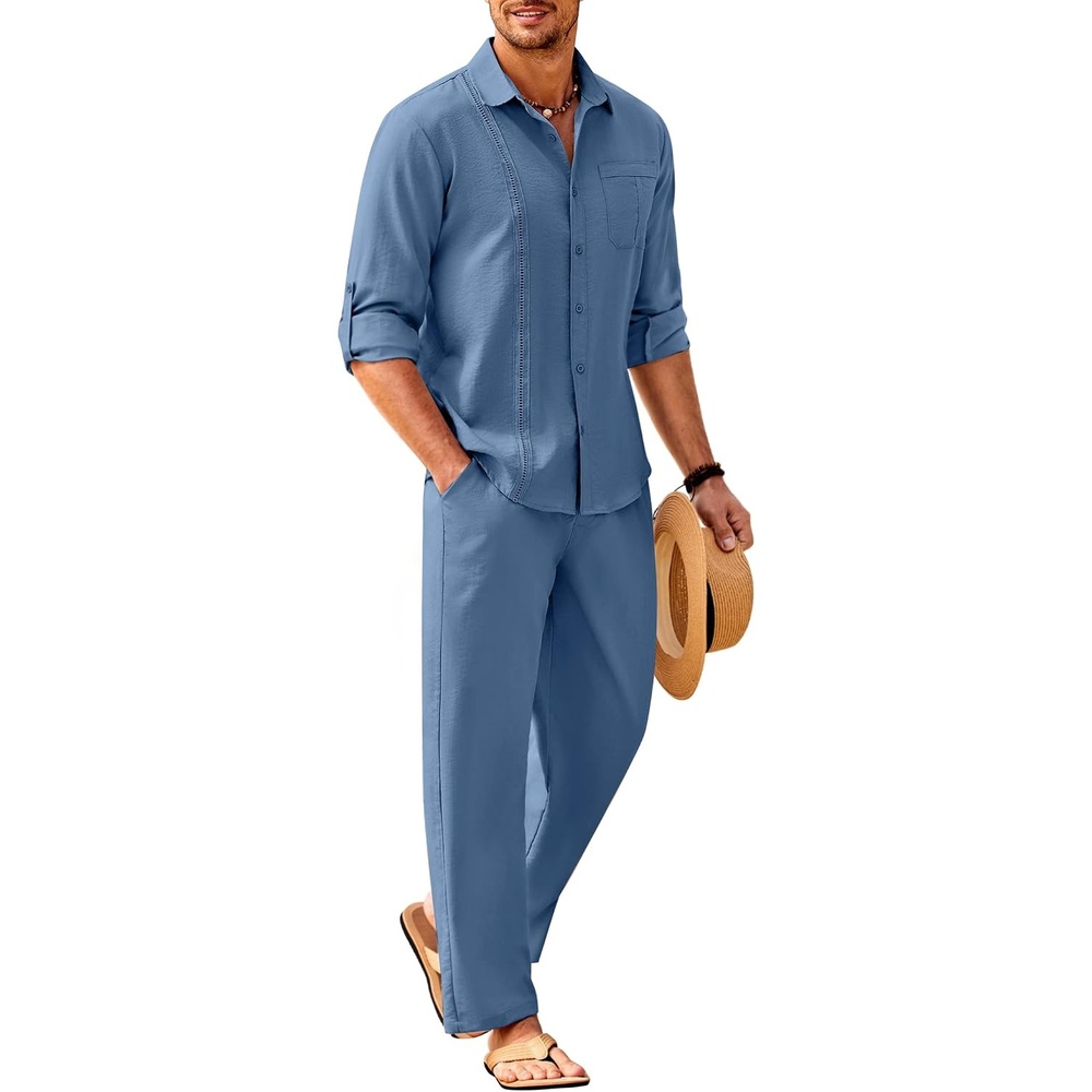image:imageCOOFANDY Mens 2 Piece Outfits Long Sleeve Button Down Cuban Shirt and Pants Set Summer Beach SetsDenim Blue