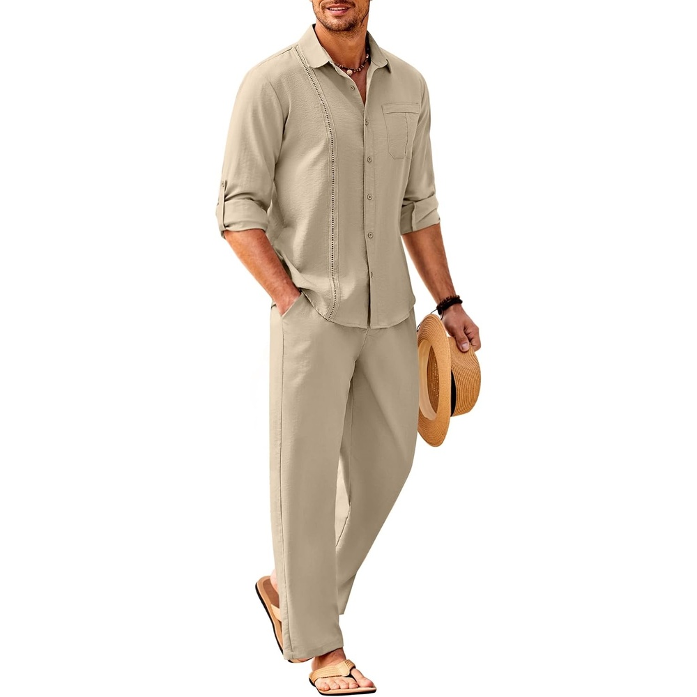 image:imageCOOFANDY Mens 2 Piece Outfits Long Sleeve Button Down Cuban Shirt and Pants Set Summer Beach SetsKhaki