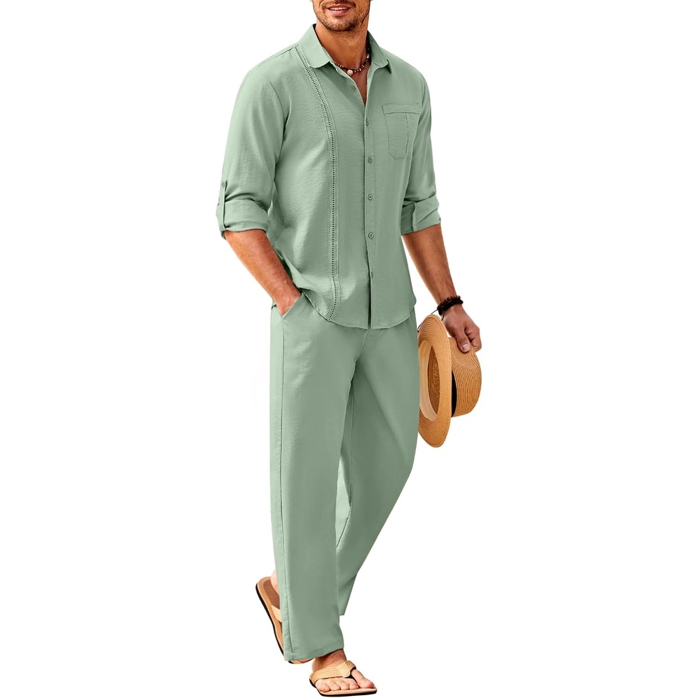 image:imageCOOFANDY Mens 2 Piece Outfits Long Sleeve Button Down Cuban Shirt and Pants Set Summer Beach SetsLight Green