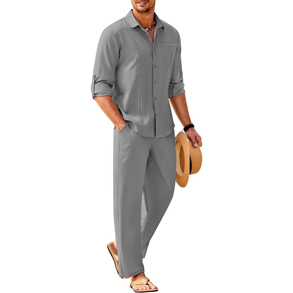 image:imageCOOFANDY Mens 2 Piece Outfits Long Sleeve Button Down Cuban Shirt and Pants Set Summer Beach SetsLight Grey