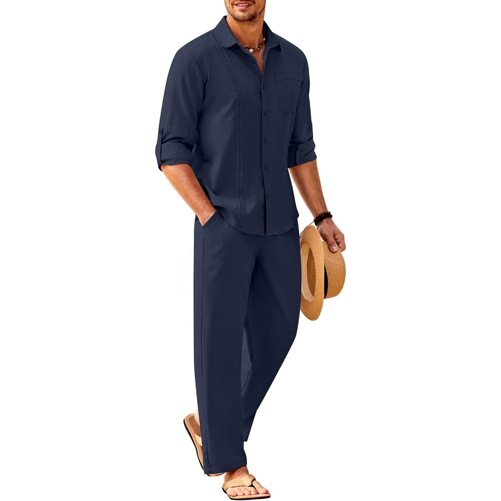 image:imageCOOFANDY Mens 2 Piece Outfits Long Sleeve Button Down Cuban Shirt and Pants Set Summer Beach SetsNavy Blue