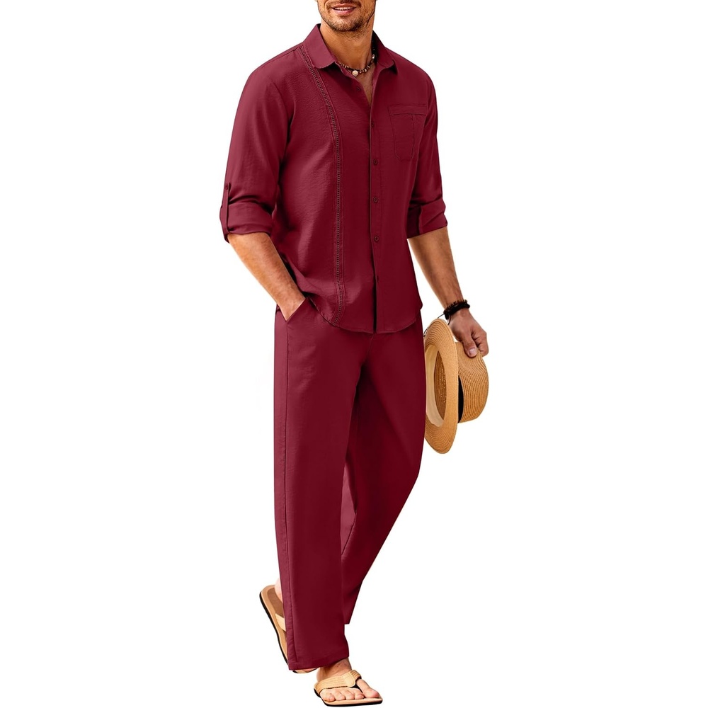 image:imageCOOFANDY Mens 2 Piece Outfits Long Sleeve Button Down Cuban Shirt and Pants Set Summer Beach SetsWine Red