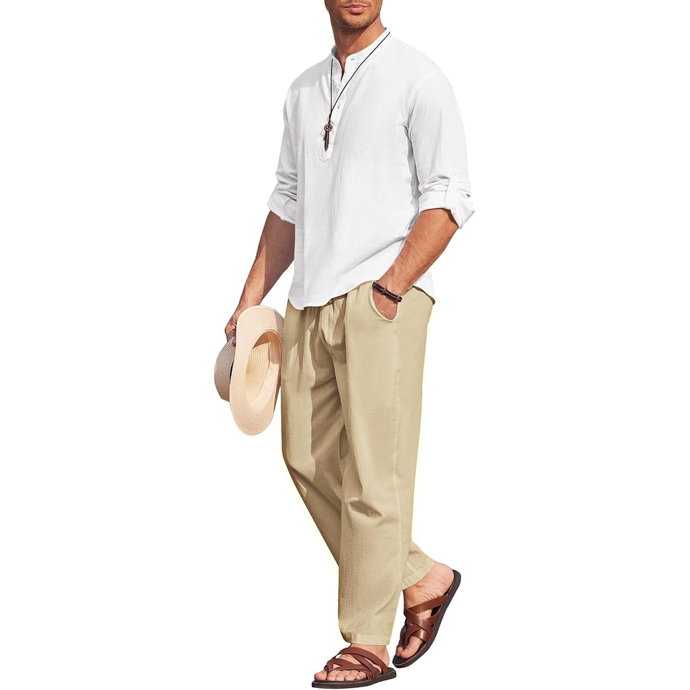 image:imageCOOFANDY Mens 2 Pieces Cotton Linen Set Long Sleeve Henley Shirts Casual Beach Pants With Pockets Summer Yoga OutfitsWhite Khaki