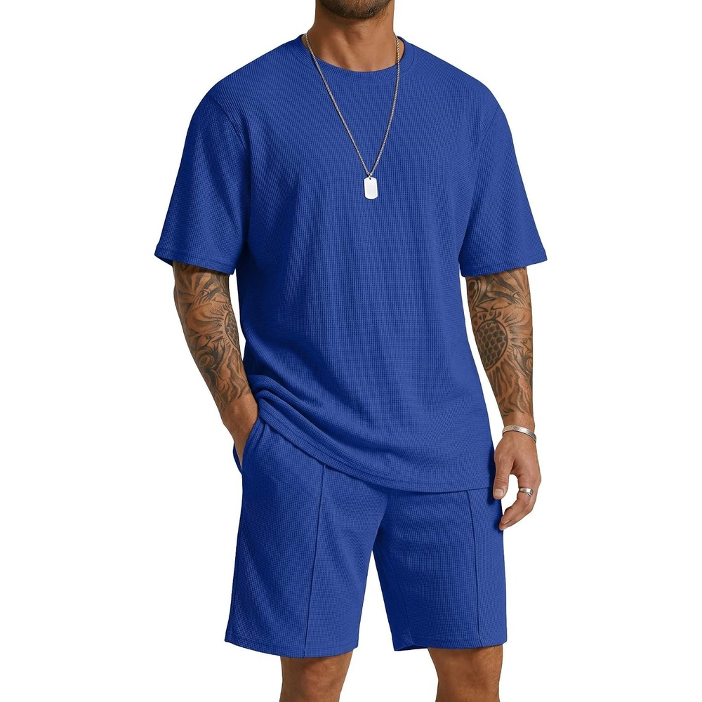 image:imageCOOFANDY Mens 2 Pieces Outfits Casual Cotton T Shirt and Shorts Set Summer Short Sleeve Waffle TracksuitsRoyal Blue