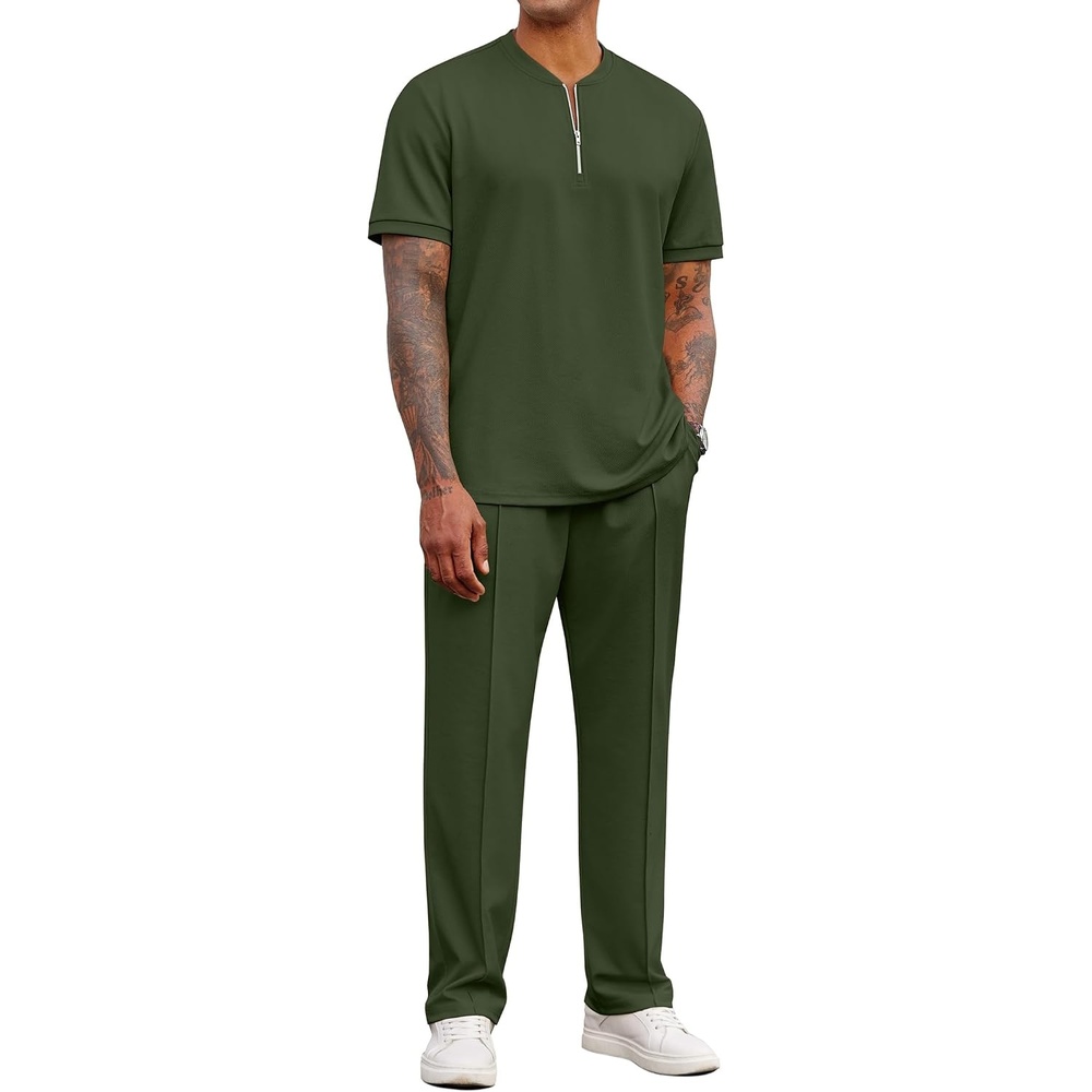 image:imageCOOFANDY Mens 2 Pieces Outfits Casual Quarter Zip Polo Shirt and Jogging Pants Summer Tracksuits SetArmy Green