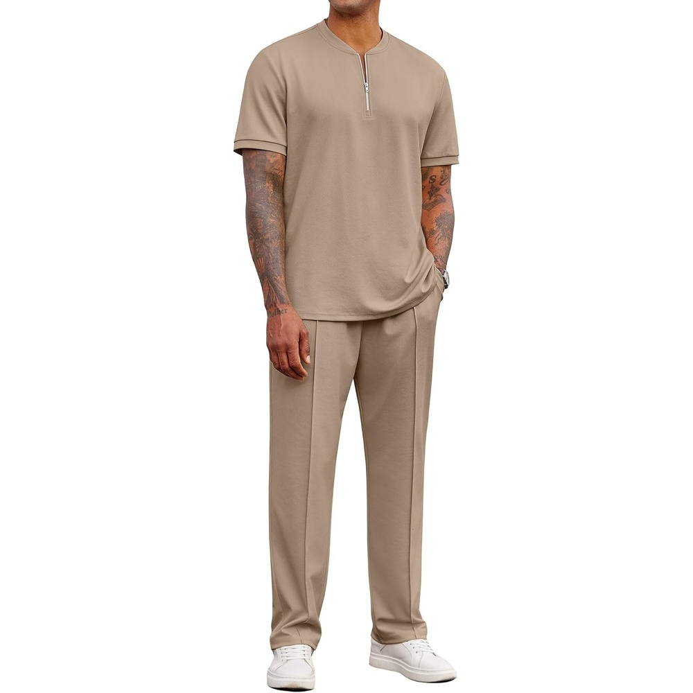 image:imageCOOFANDY Mens 2 Pieces Outfits Casual Quarter Zip Polo Shirt and Jogging Pants Summer Tracksuits SetKhaki