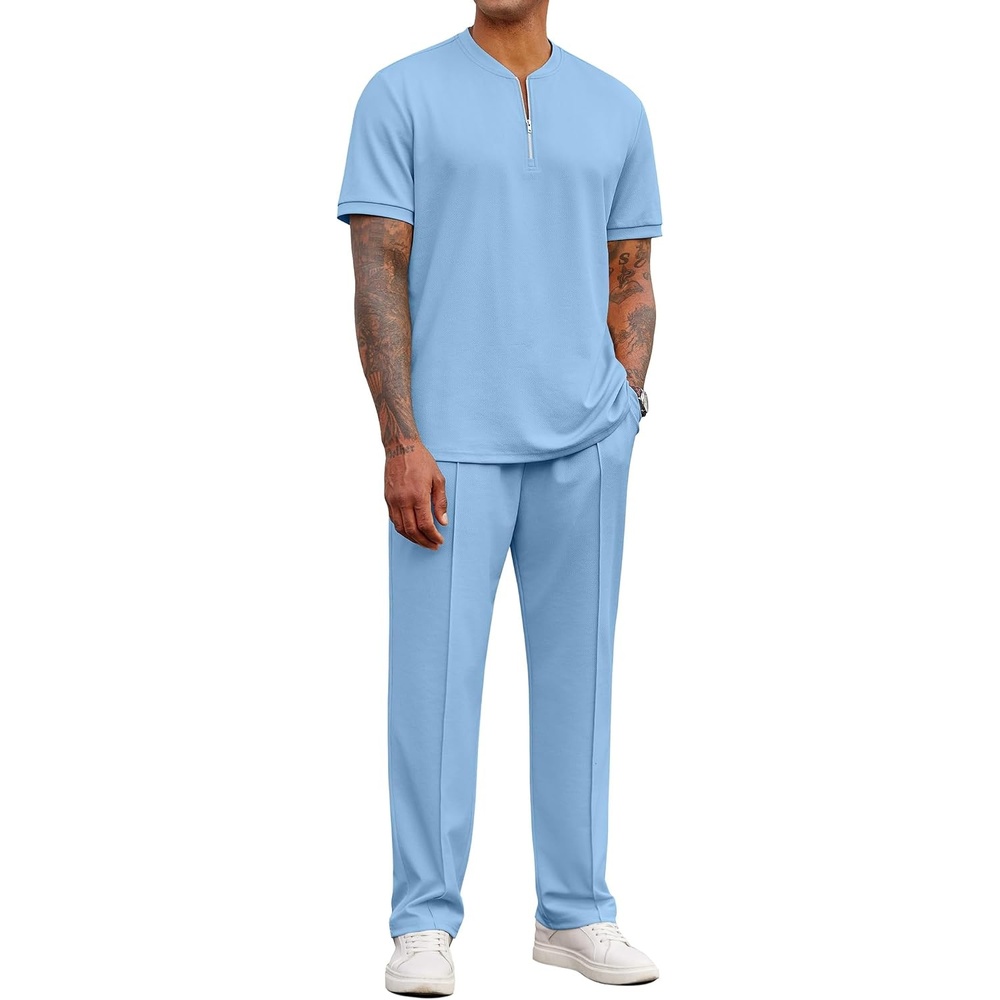 image:imageCOOFANDY Mens 2 Pieces Outfits Casual Quarter Zip Polo Shirt and Jogging Pants Summer Tracksuits SetLight Blue