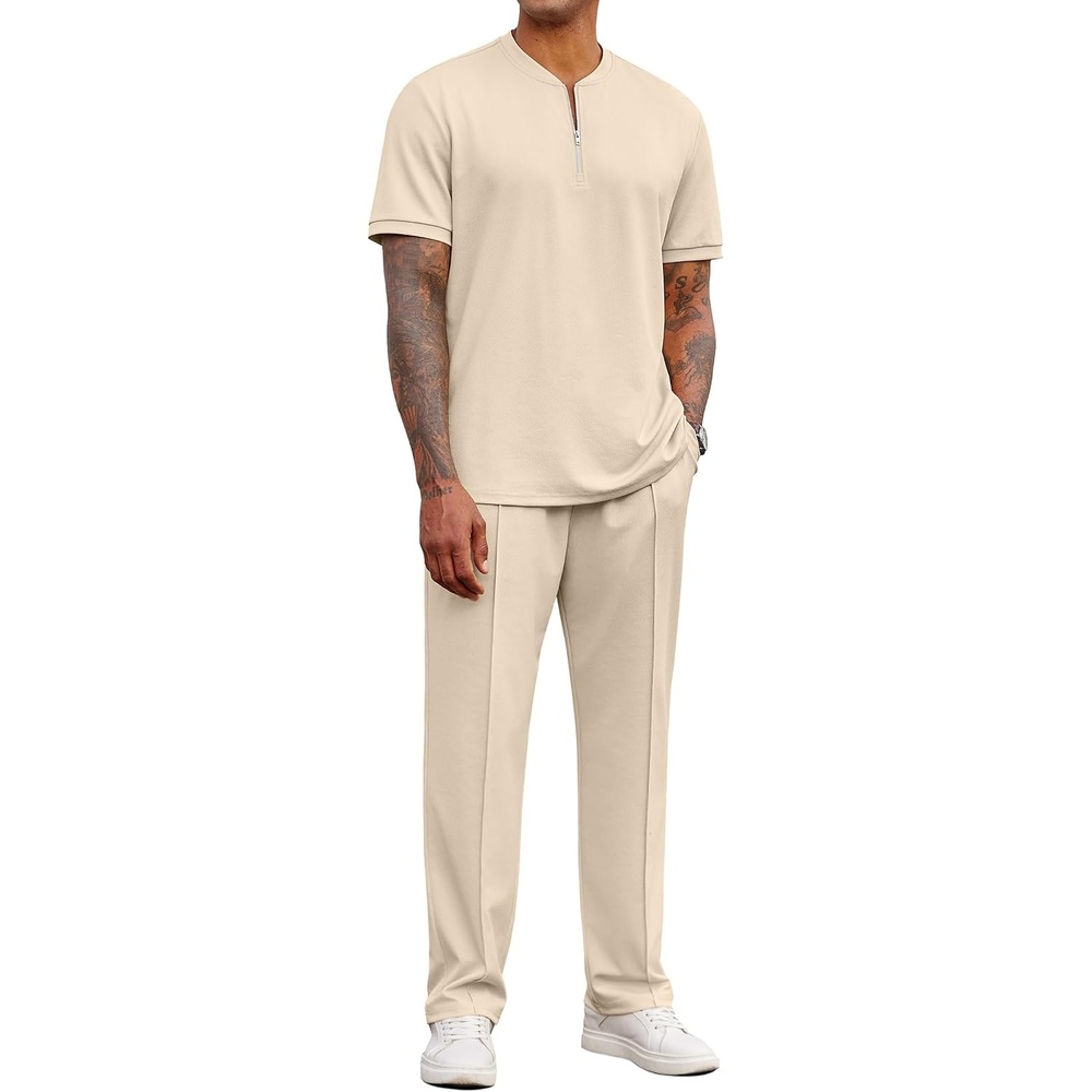 image:imageCOOFANDY Mens 2 Pieces Outfits Casual Quarter Zip Polo Shirt and Jogging Pants Summer Tracksuits SetLight Khaki