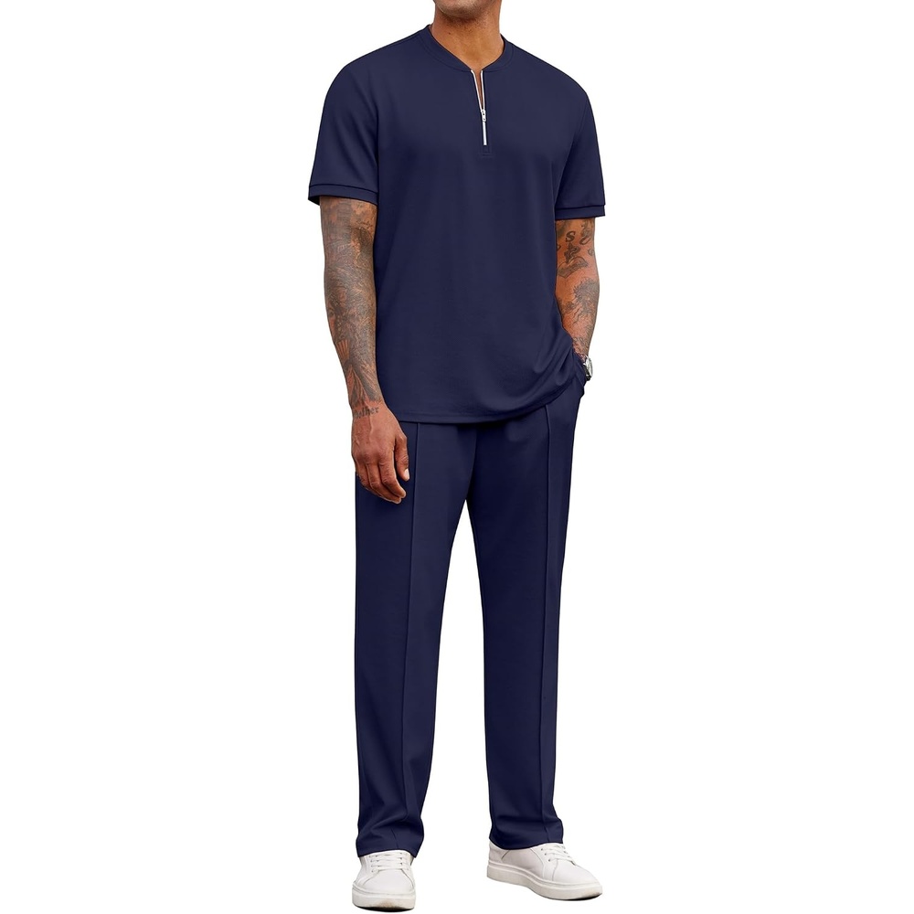 image:imageCOOFANDY Mens 2 Pieces Outfits Casual Quarter Zip Polo Shirt and Jogging Pants Summer Tracksuits SetNavy Blue