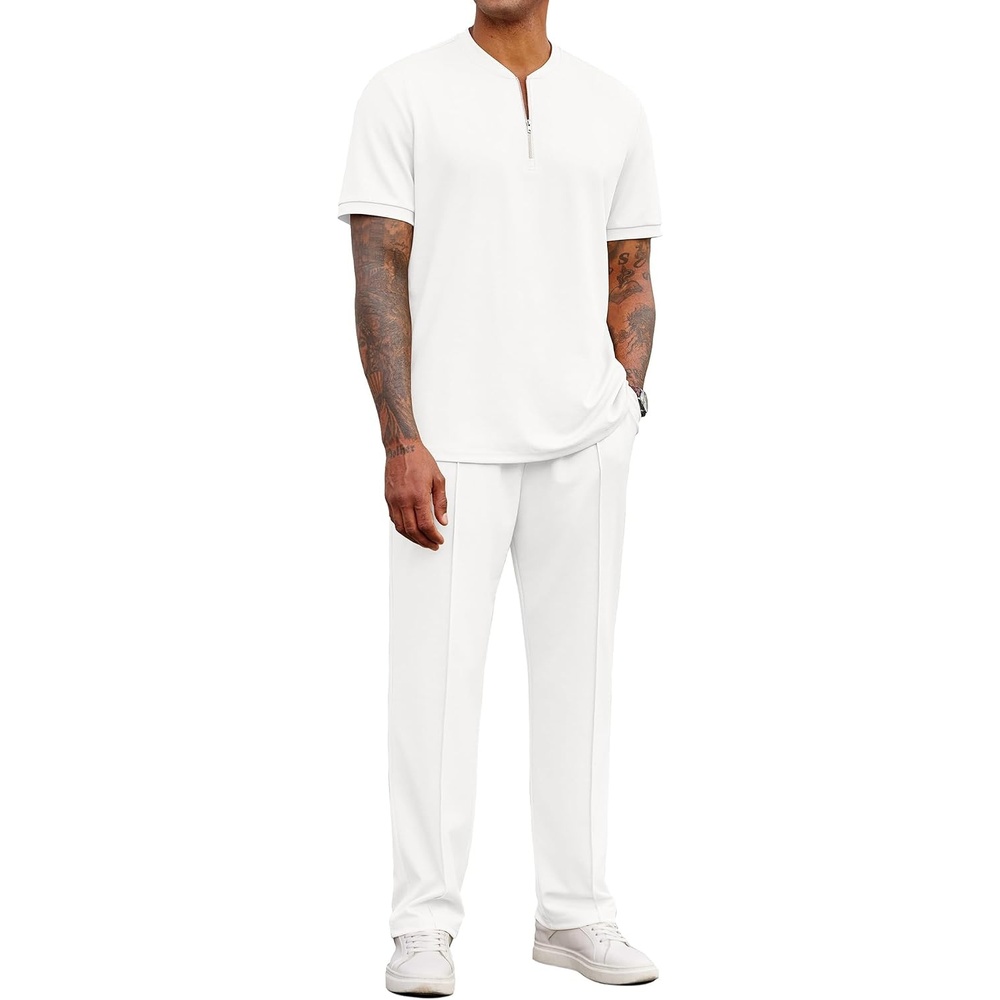 image:imageCOOFANDY Mens 2 Pieces Outfits Casual Quarter Zip Polo Shirt and Jogging Pants Summer Tracksuits SetWhite