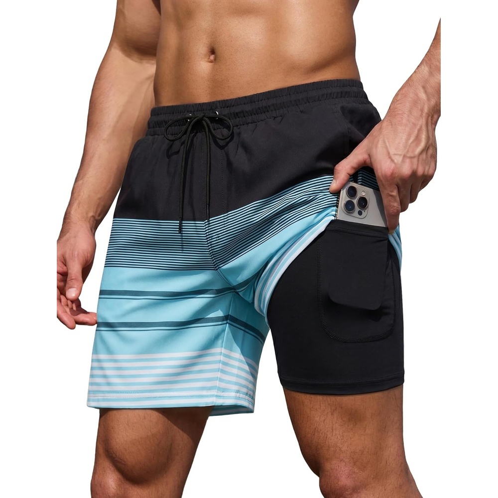 image:imageCOOFANDY Mens 7 Swim Trunks with Compression Liner Stretch Swimming Shorts with Zipper PocketsBlack  Green Striped
