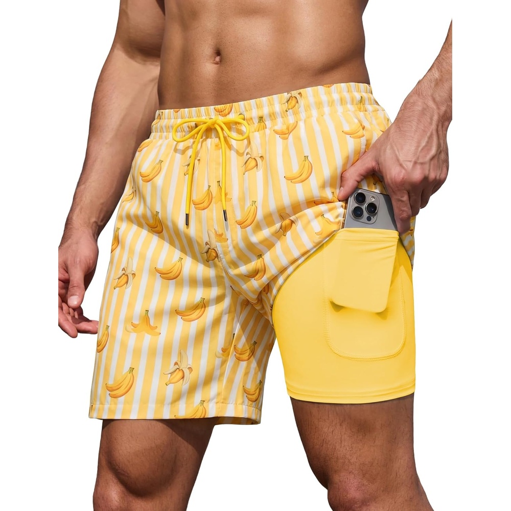 image:imageCOOFANDY Mens 7 Swim Trunks with Compression Liner Stretch Swimming Shorts with Zipper PocketsYellow  Bananas