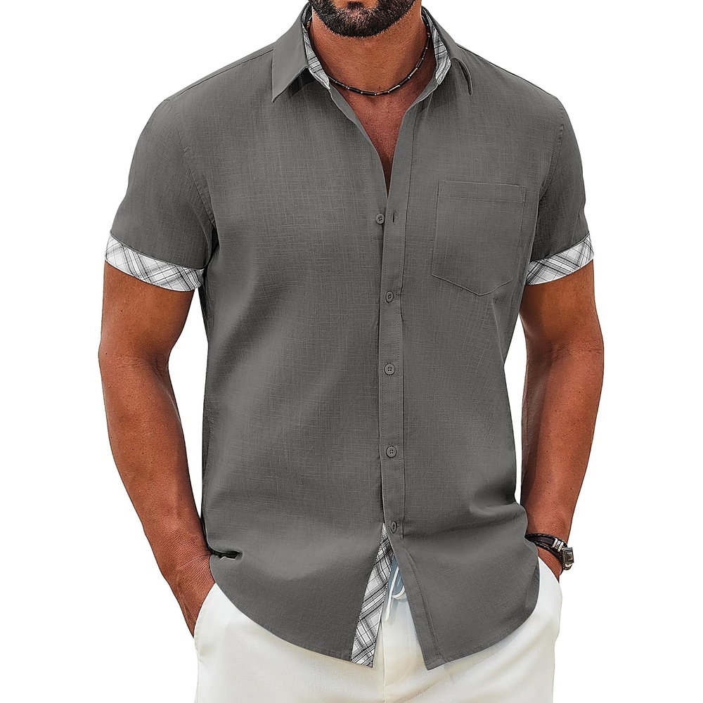 image:imageCOOFANDY Mens Button Down Shirts Short Sleeve Casual Cotton Shirts Summer Beach Wedding Shirt with PocketDark Grey