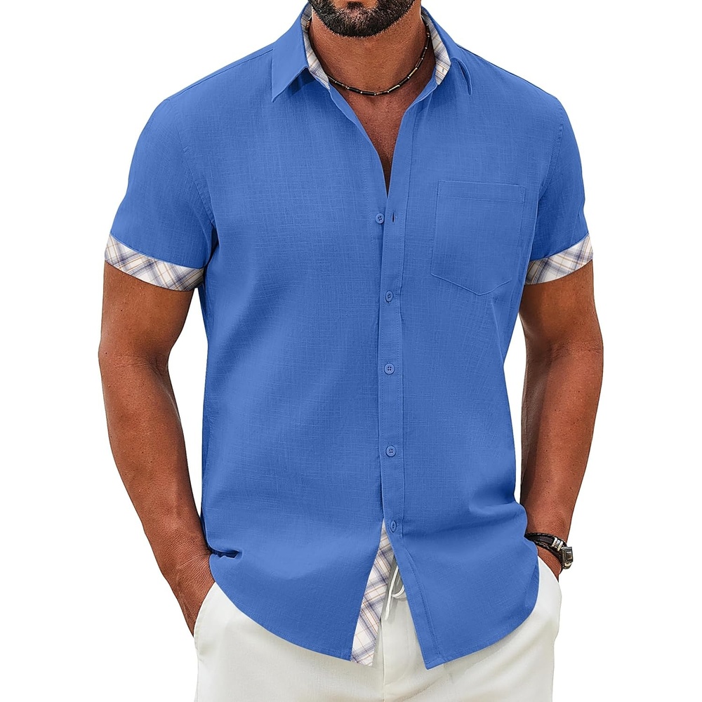 image:imageCOOFANDY Mens Button Down Shirts Short Sleeve Casual Cotton Shirts Summer Beach Wedding Shirt with PocketOcean Blue