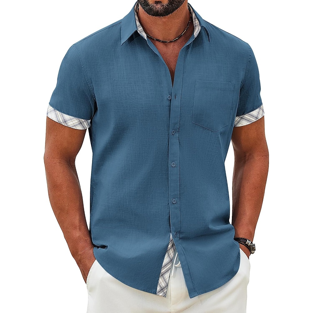image:imageCOOFANDY Mens Button Down Shirts Short Sleeve Casual Cotton Shirts Summer Beach Wedding Shirt with PocketSea Blue