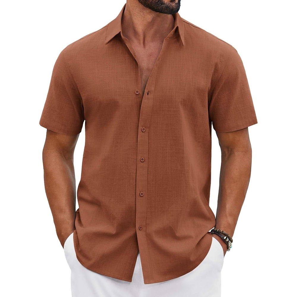 image:imageCOOFANDY Mens Button Down Shirts Short Sleeve Casual Shirt Cotton Summer Beach Linen Wedding ShirtsBurnt Orange