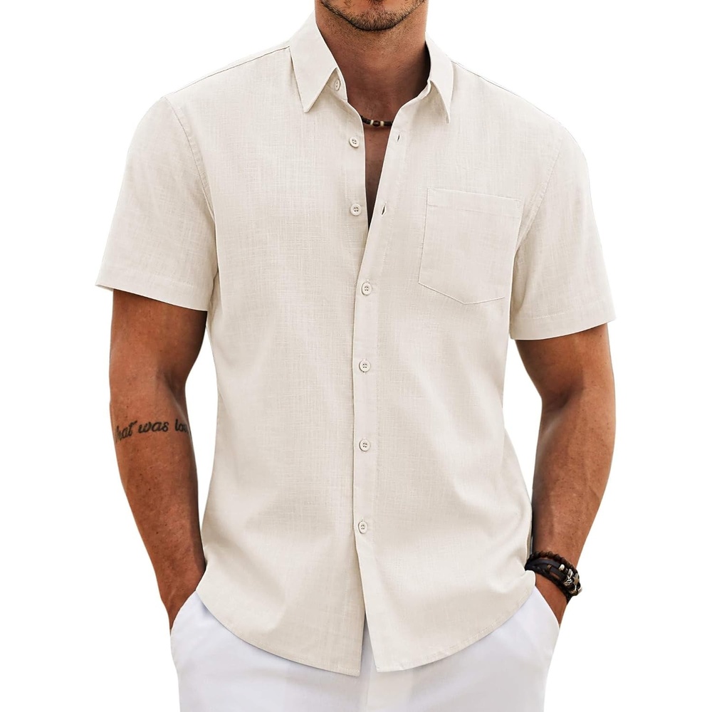image:imageCOOFANDY Mens Button Down Short Sleeve Shirt Casual Cotton Summer Beach Wedding Linen Shirts with PocketBeige
