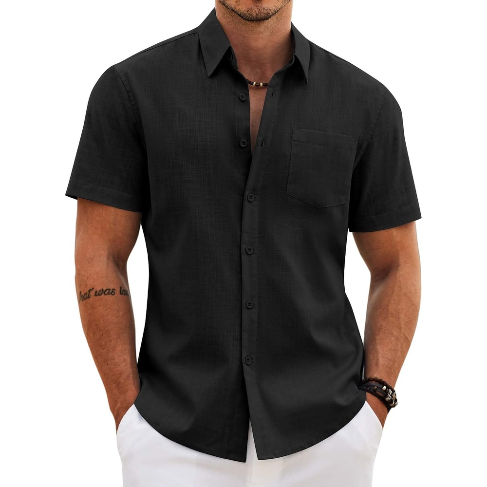 image:imageCOOFANDY Mens Button Down Short Sleeve Shirt Casual Cotton Summer Beach Wedding Linen Shirts with PocketBlack