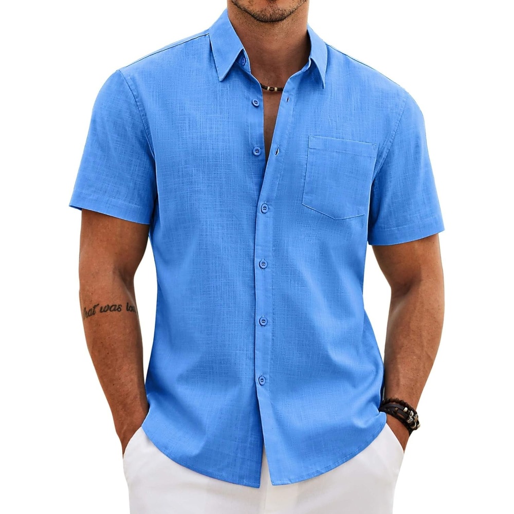 image:imageCOOFANDY Mens Button Down Short Sleeve Shirt Casual Cotton Summer Beach Wedding Linen Shirts with PocketBlue
