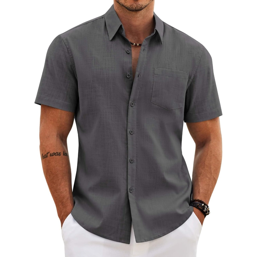 image:imageCOOFANDY Mens Button Down Short Sleeve Shirt Casual Cotton Summer Beach Wedding Linen Shirts with PocketDark Grey