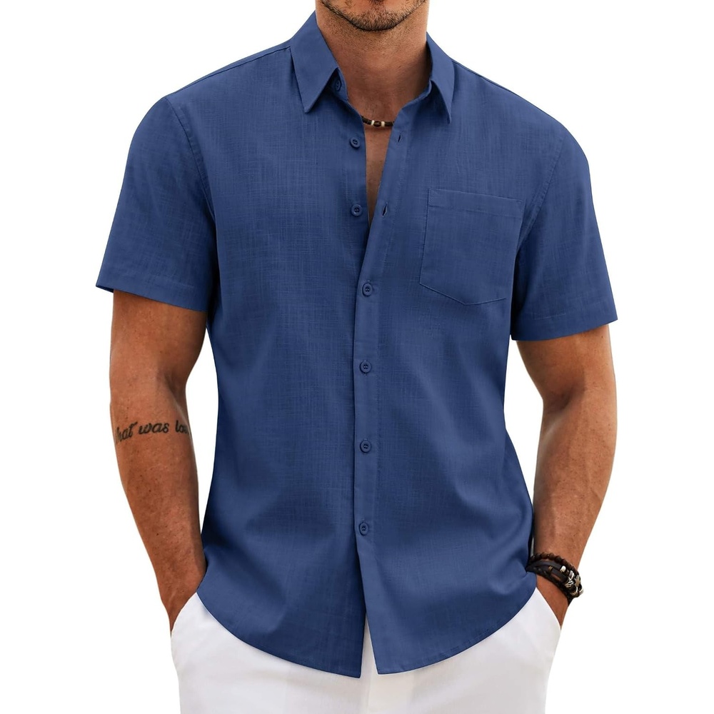 image:imageCOOFANDY Mens Button Down Short Sleeve Shirt Casual Cotton Summer Beach Wedding Linen Shirts with PocketDenim Blue