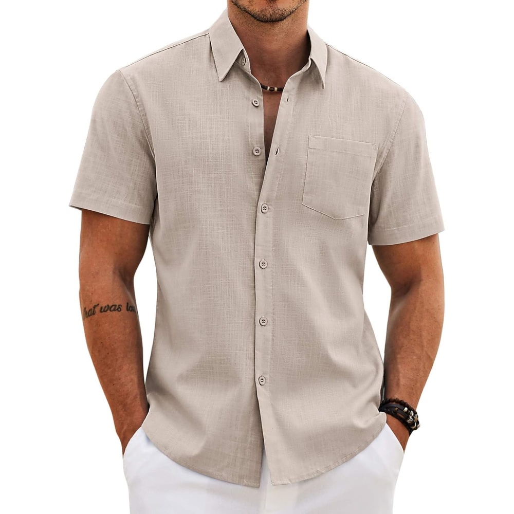 image:imageCOOFANDY Mens Button Down Short Sleeve Shirt Casual Cotton Summer Beach Wedding Linen Shirts with PocketKhaki