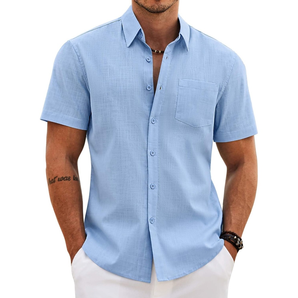 image:imageCOOFANDY Mens Button Down Short Sleeve Shirt Casual Cotton Summer Beach Wedding Linen Shirts with PocketLight Blue